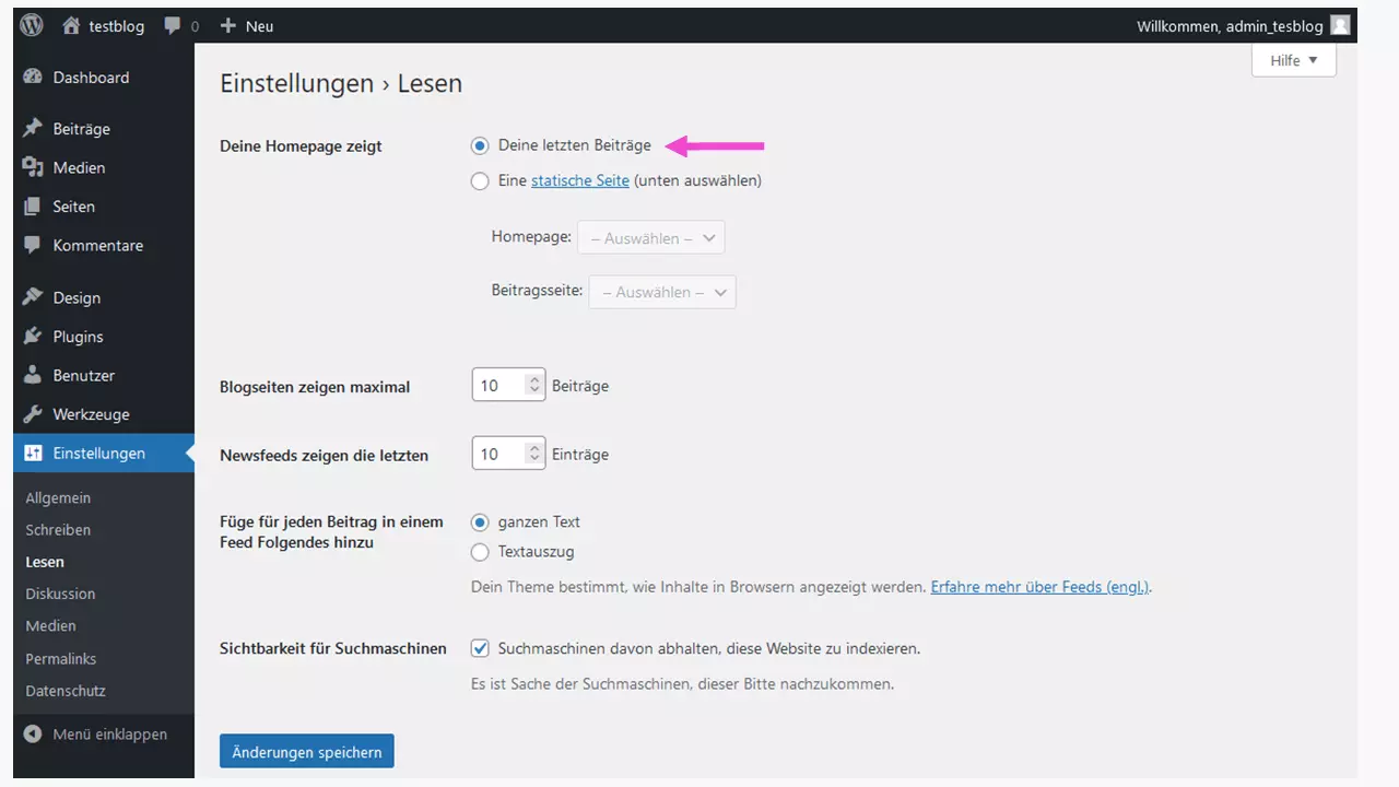 Bild: WordPress-Blog: Die Beiträge als Startseite festlegen