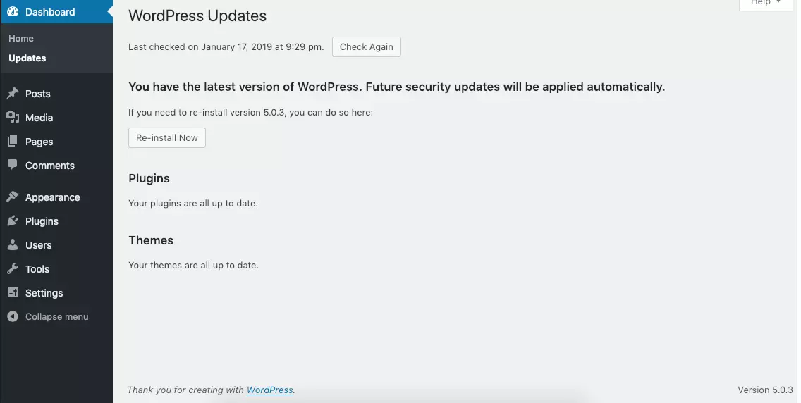 Bild: Screenshot eines WordPress-Dashboards nach dem Update
