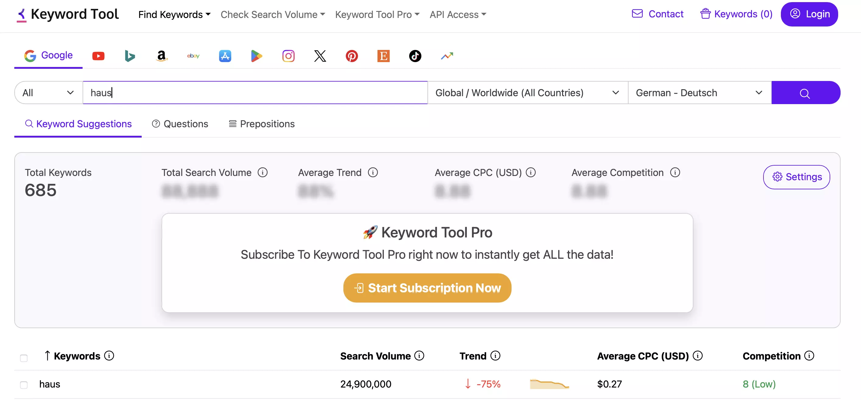 KeywordTool.io: Ergebnis der Google-Recherche für den Begriff „haus“ Bild: KeywordTool.io: Ergebnis der Google-Recherche für den Begriff „haus“