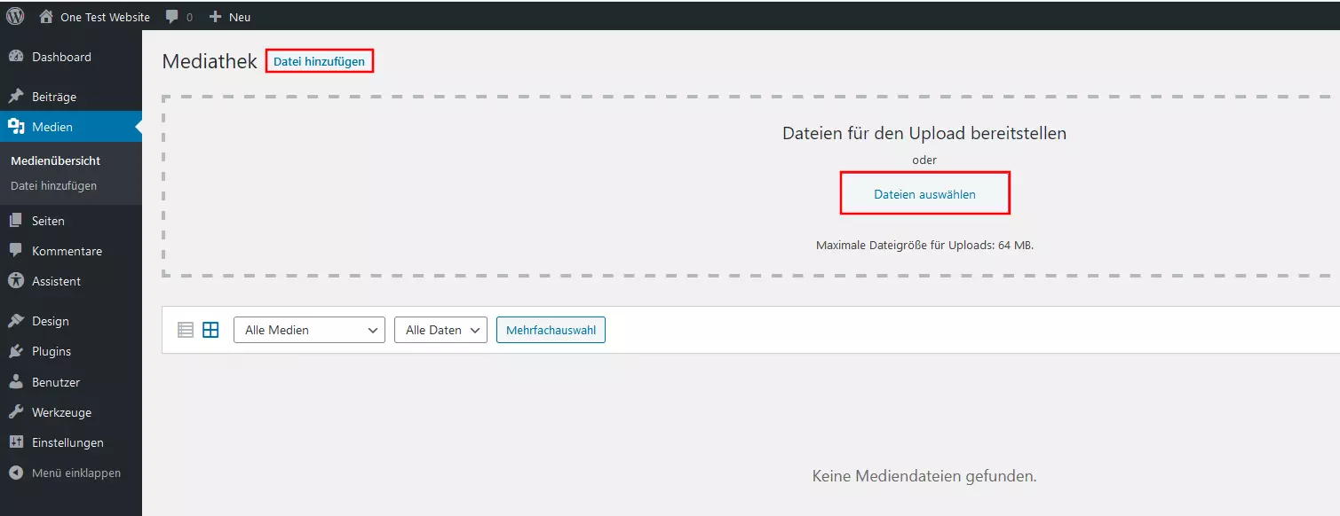 Bild: WordPress-Mediathek: Dialogfeld für den Datei-Upload