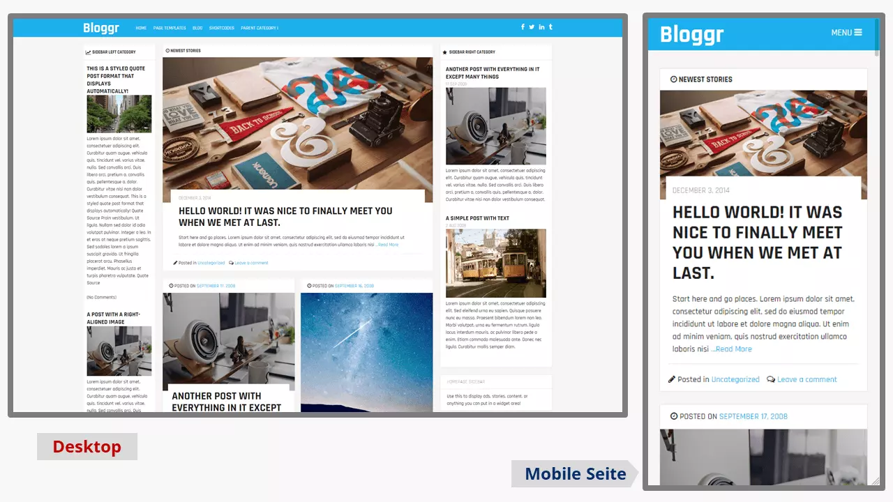 Bild: Screenshot vom Desktop und von der mobilen Seite des WordPress-Blog-Themes Bloggr