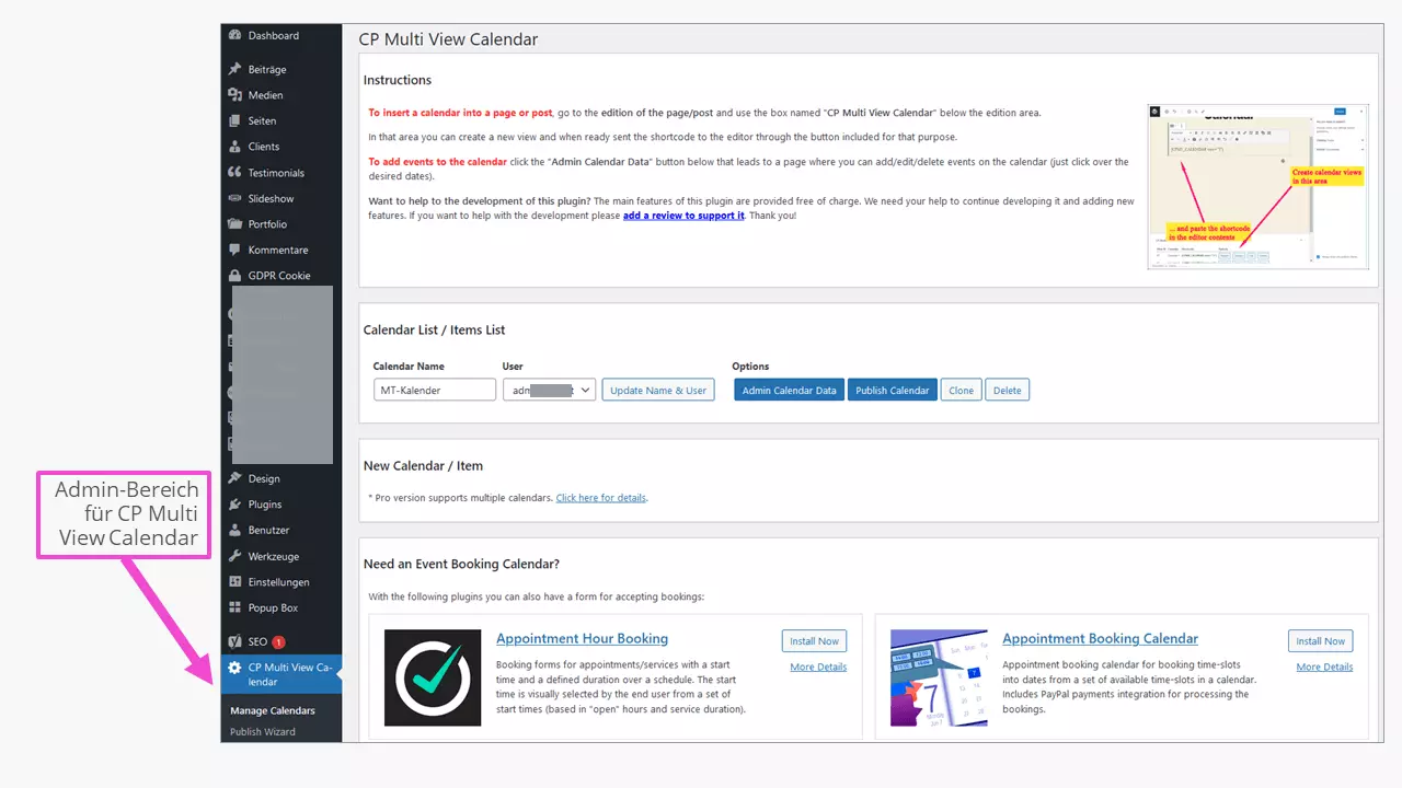 Bild: Der Admin-Bereich des WordPress Kalenders CP Multi View Calendar
